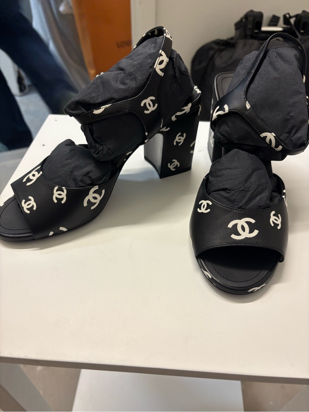 Chanel Black & White Logo Lambskin Block Heel Sandals